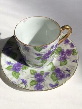 Demitasse Purple Violet Floral Porcelain Teacup and Saucer with Gold Gilt-Japan